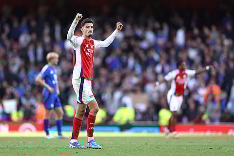 English Premier League 2024-25, Arsenal vs Leicester City: Arsenal's Kai Havertz celebrates after scoring his side's fourth goal
