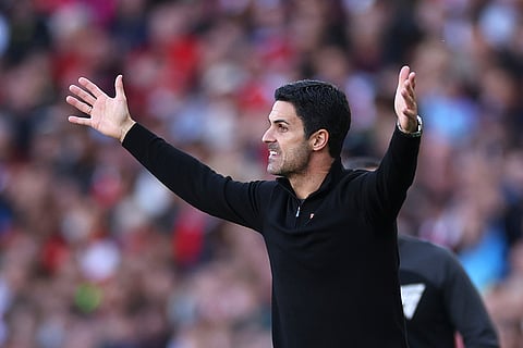 English Premier League 2024-25, Arsenal vs Leicester City: Arsenal's manager Mikel Arteta reacts during the match