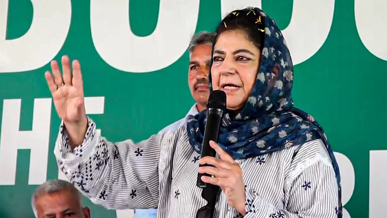 PDP President Mehbooba Mufti speaks during a public meeting for Jammu & Kashmir Assembly elections, at RS Pura in Jammu district, Wednesday, Sept. 25, 2024. - PTI