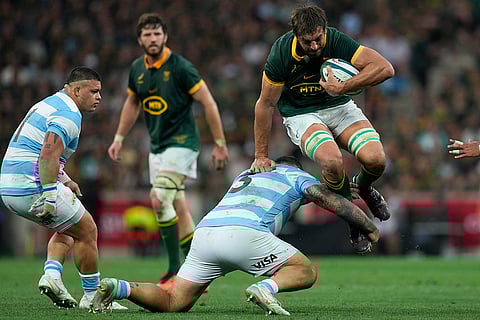 Rugby Championship: South Africa's Eben Etzebeth, right, is tackled by Argentina's Joel Sclavi