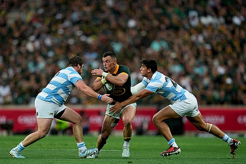 Rugby Championship: South Africa's Jesse Kriel, center, is tackled Lucio Cinti