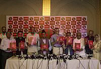 Photo by Firdous Nazir Nur via Getty Images : Omar Abdullah, the former chief minister of Jammu and Kashmir and National Conference (NC) Vice President, along with his colleagues, releasing the manifesto of the party for the upcoming Legislative Assembly elections in Srinagar, Jammu and Kashmir, on August 19, 2024. 