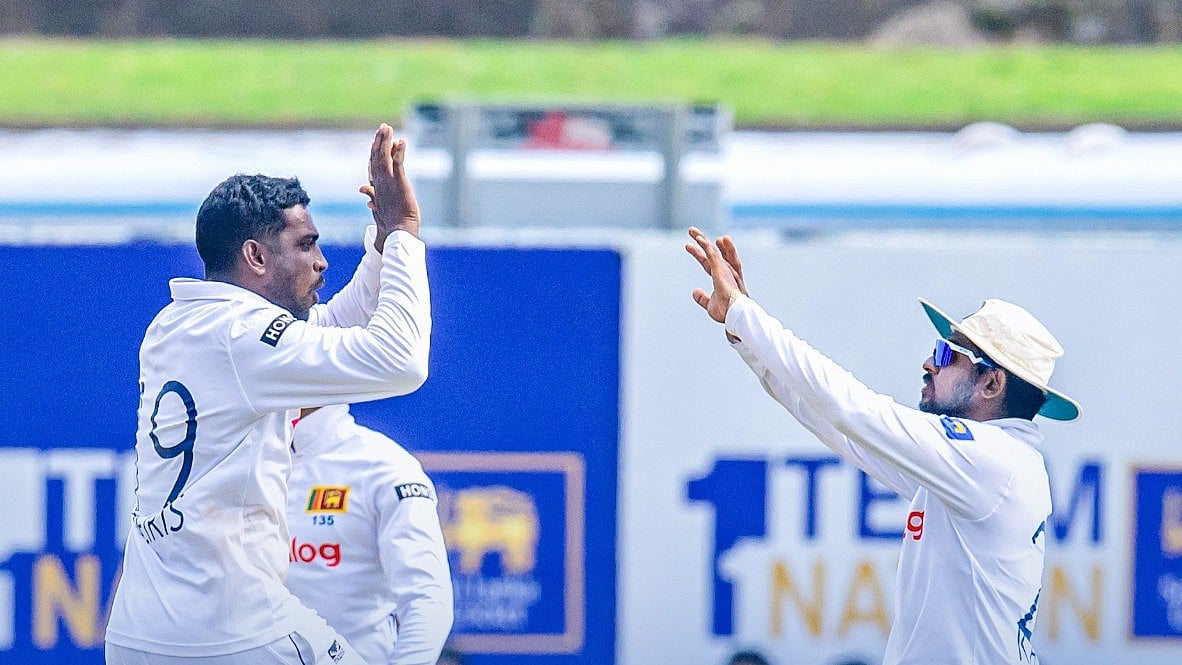 Photo: X | Sri Lanka Cricket : Sri Lankan players celebrating a wicket of New Zealand during the second Test match in Galle.