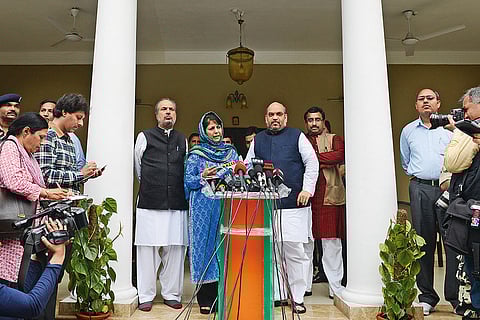 Moments to Mark: Amit Shah with Mehbooba Mufti at a press conference about their parties’ alliance in the J&K government on February 24, 2015