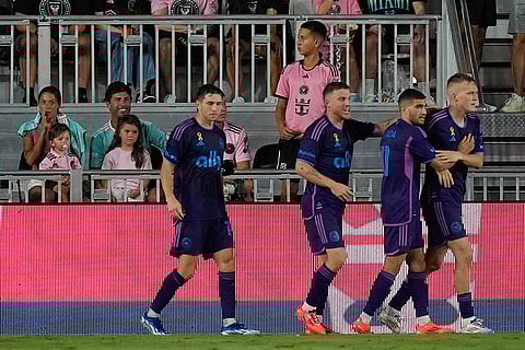 MLS, Inter Miami vs Charlotte FC: Teammates celebrate a goal by Charlotte FC forward Karol Swiderski