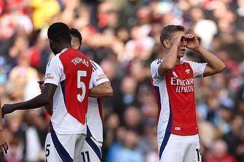 English Premier League 2024-25, Arsenal vs Leicester City: Arsenal's Leandro Trossard celebrates after scoring his side's second goal