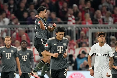 Bundesliga, Bayern Munich vs Leverkusen: Bayern's Aleksandar Pavlovic celebrates with teammates after scoring his side's first goal