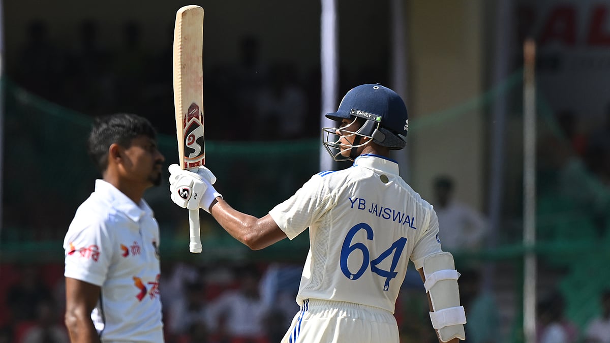 Yashasvi Jaiswal celebrates after reaching his half-century