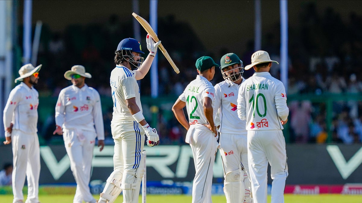 Indias KL Rahul celebrates his fifty. PTI Photo