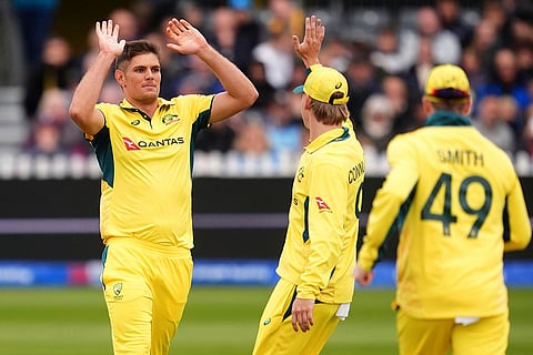 England vs Australia 5th ODI: Australia's Aaron Hardie, left, celebrates taking the wicket of England's Will Jacks