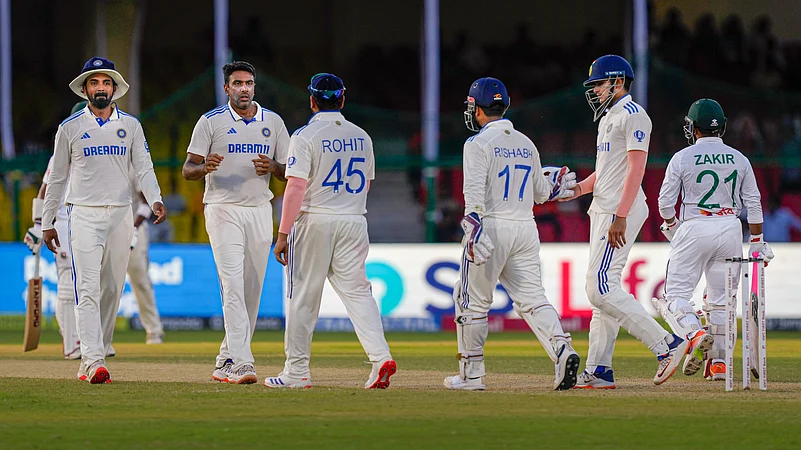 Indias Ravichandran Ashwin celebrates the wicket of Zakir Hasan. PTI Photo