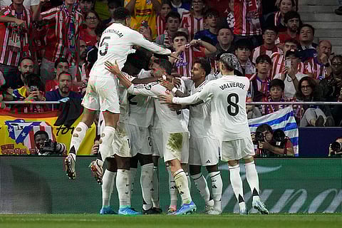 La Liga 2024-25 Atletico Madrid vs Real Madrid: Real Madrid players celebrate a goal