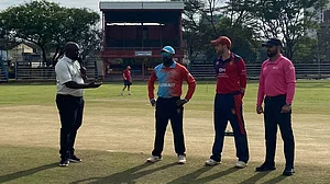 X/Jersey Cricket : Captains Mohammed Aslam and Charles Perchard at the toss for the Kuwait vs Jersey, ICC Cricket World Cup Challenge 2024-26 League A match in Nairobi.