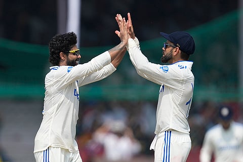 IND vs BAN, 2nd Test: India's Ravindra Jadeja, left, and Virat Kohli celebrates the wicket of Bangladesh's Shakib Al Hasan
