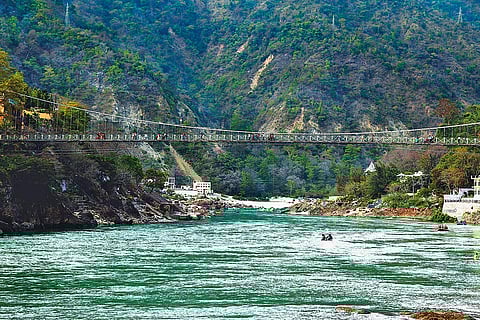 Lakshman Jhula bridge over Ganga river in Rishikesh