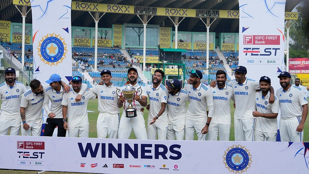 AP : Indian cricket team celebrate after winning the IND vs BAN series in Kanpur.