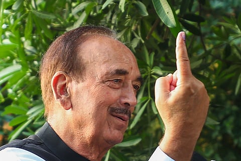 3rd phase of J&K polls: Democratic Progressive Azad Party chief Ghulam Nabi Azad shows his finger marked with indelible ink