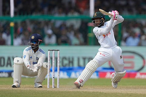 Bangladesh's Mushfiqur Rahim plays a shot on the fifth and final day of the second cricket test match.