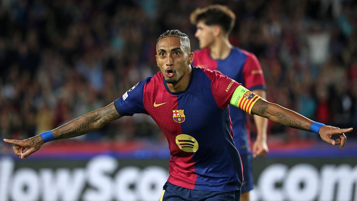 Barcelona forward Raphinha celebrates against Young Boys