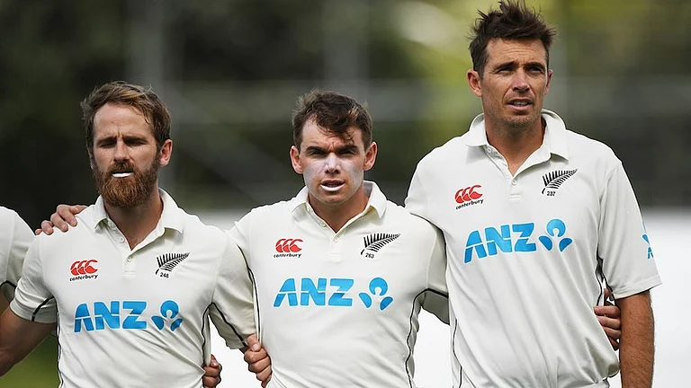 New Zealand's new Test skipper Tom Latham (centre) flanked by former captains Kane Williamson (left) and Tim Southee. - New Zealand Cricket