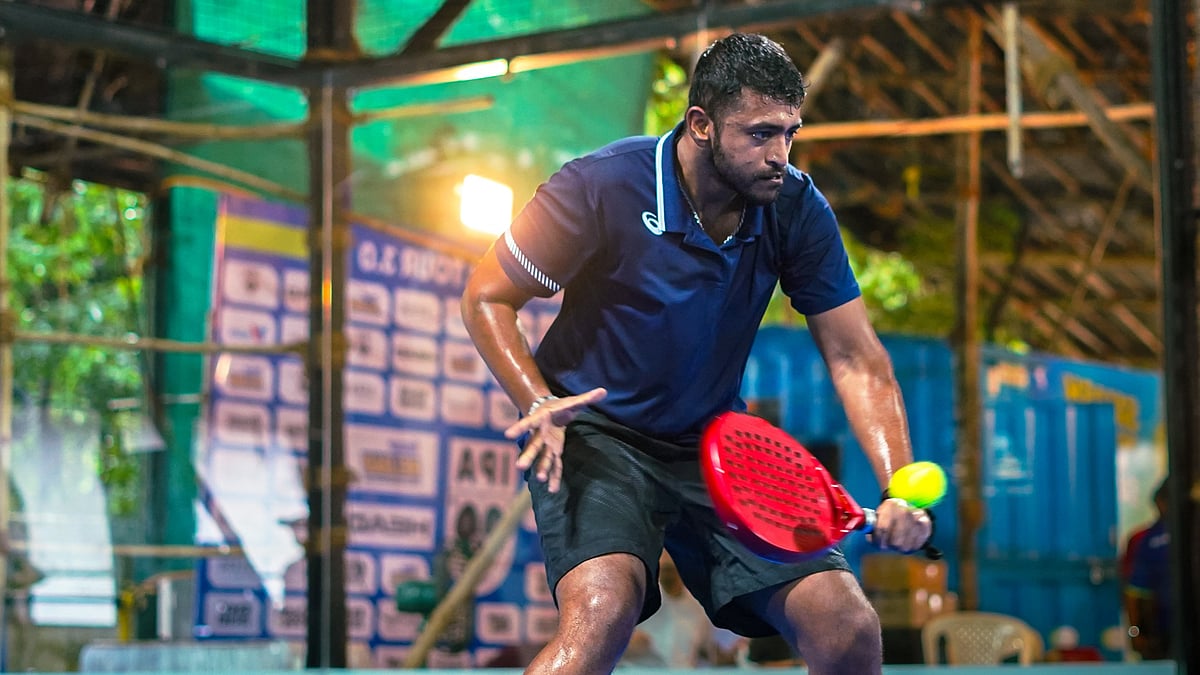 Aryan Goveas in action on the Padel court. - Aryan Goveas