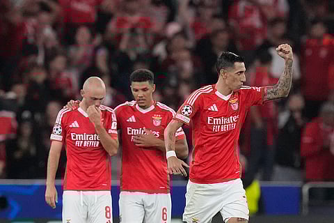 UCL 2024-25, Benfica vs Atletico Madrid: Benfica's Angel Di Maria, right, celebrates after scoring his sides second goal