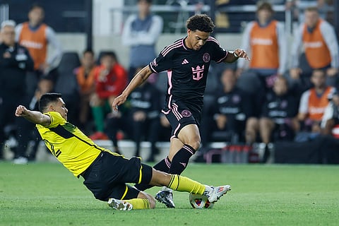MLS Supporters' Shield, Columbus Crew vs Inter Miami: Inter Miami's David Ruiz, right, tries to kick the ball past Columbus Crew's Marcelo Herrera