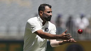 File : Mohammed Shami in action.