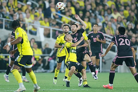 MLS Supporters' Shield, Columbus Crew vs Inter Miami: Inter Miami's Lionel Messi, right, and Columbus Crew's Alexandru Matan fight for the ball