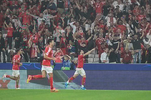 UCL 2024-25, Benfica vs Atletico Madrid: Benfica's Orkun Kokcu, right, celebrates after scoring his sides fourth goal