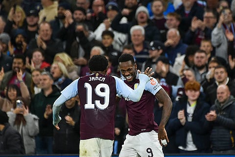 UCL 2024-25, Aston Villa vs Bayern Munich: Aston Villa's Jhon Duran, right, celebrates with Aston Villa's Jaden Philogene after scoring the opening goal