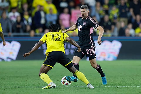 MLS Supporters' Shield, Columbus Crew vs Inter Miami: Inter Miami's Sergiy Kryvtsov, right, tries to dribble past Columbus Crew's DeJuan Jones