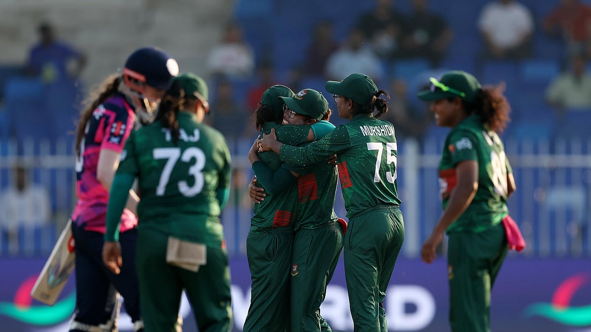 Photo: X | T20 World Cup : Bangladesh cricket team players celebrating the win over Scotland in Sharjah on Thursday.