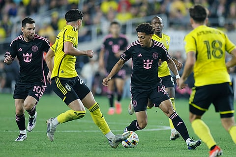 MLS Supporters' Shield, Columbus Crew vs Inter Miami: Inter Miami's David Ruiz, center, controls the ball as Columbus Crew's Maximilian Arfsten