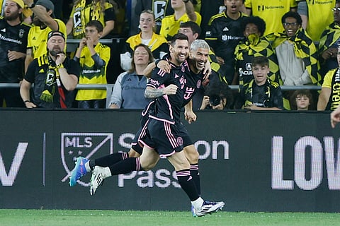 MLS Supporters' Shield, Columbus Crew vs Inter Miami: Inter Miami's Lionel Messi, left, and Luis Suarez celebrate their goal