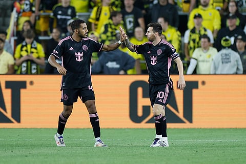 MLS Supporters' Shield, Columbus Crew vs Inter Miami: Inter Miami's Yannick Bright, left, and Lionel Messi celebrate their goal