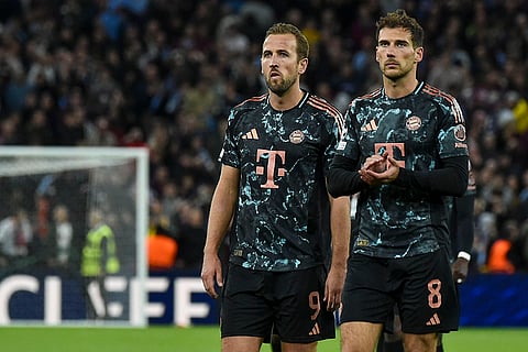 UCL 2024-25, Aston Villa vs Bayern Munich: Bayern's Harry Kane, left, and Bayern's Leon Goretzka leave the field