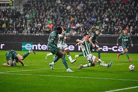 UEFA Europa League 2024-25, Ferencvaros vs Tottenham Hotspur: Tottenham's Pape Matar Sarr, centre left, scores his side's opening goal