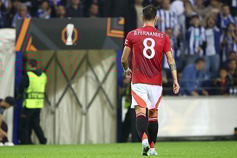 UEFA Europa League 2024-25, FC Porto vs Manchester United: Manchester United's Bruno Fernandes leaves the pitch after being shown a second yellow card