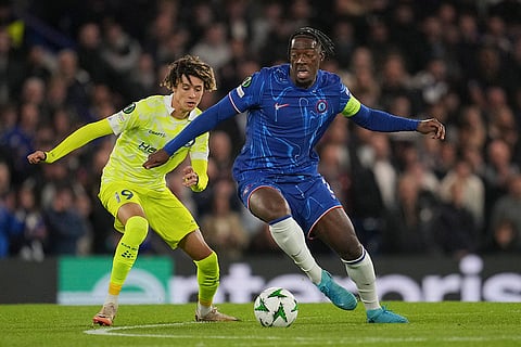 UEFA Europa Conference League 2024-25, Chelsea vs Gent: Chelsea's Axel Disai is challenged by Gent's Andri Gudjohnsen