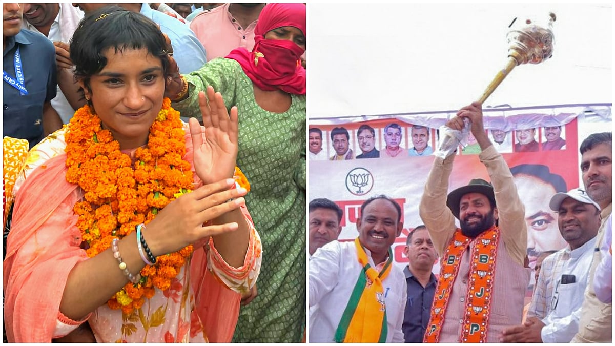 X/@Phogat_Vinesh | X/@NayabSainiBJP : L: Congress candidate and wrestler Vinesh Phogat | R: BJP leader and CM Nayab Singh Saini 