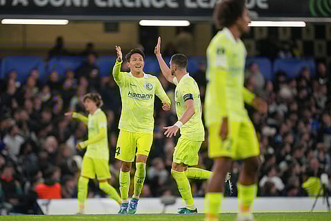UEFA Europa Conference League 2024-25, Chelsea vs Gent: Gent's Tsuyoshi Watanabe, center, celebrates with teammates after scoring his side's first goal