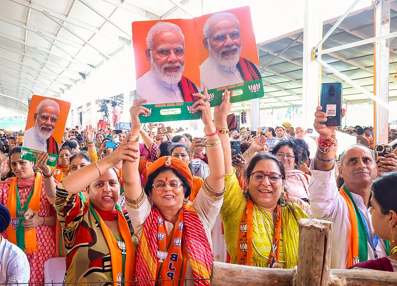 Supporters during a public meeting of PM Narendra Modi for the ongoing Assembly elections, in Jammu