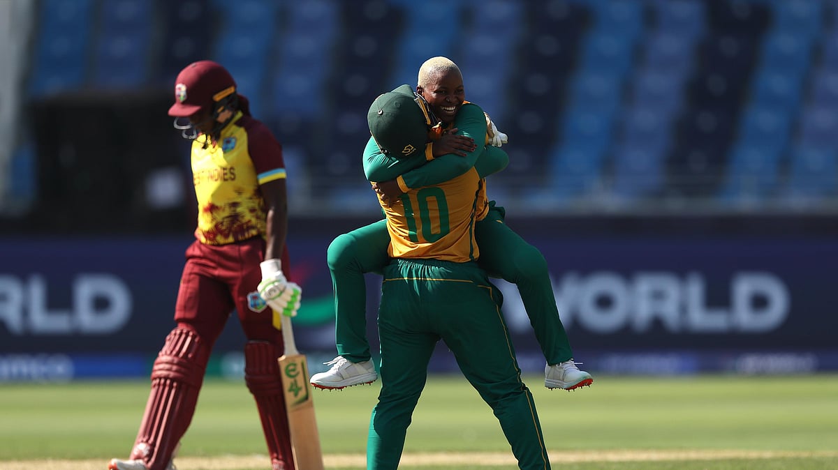 Photo: X | T20 World Cup : South Africa's Nonkululeko Mlaba celebrating after getting her career-best bowling figures against West Indies in the ICC Women's T20 World Cup 2024 in Dubai.
