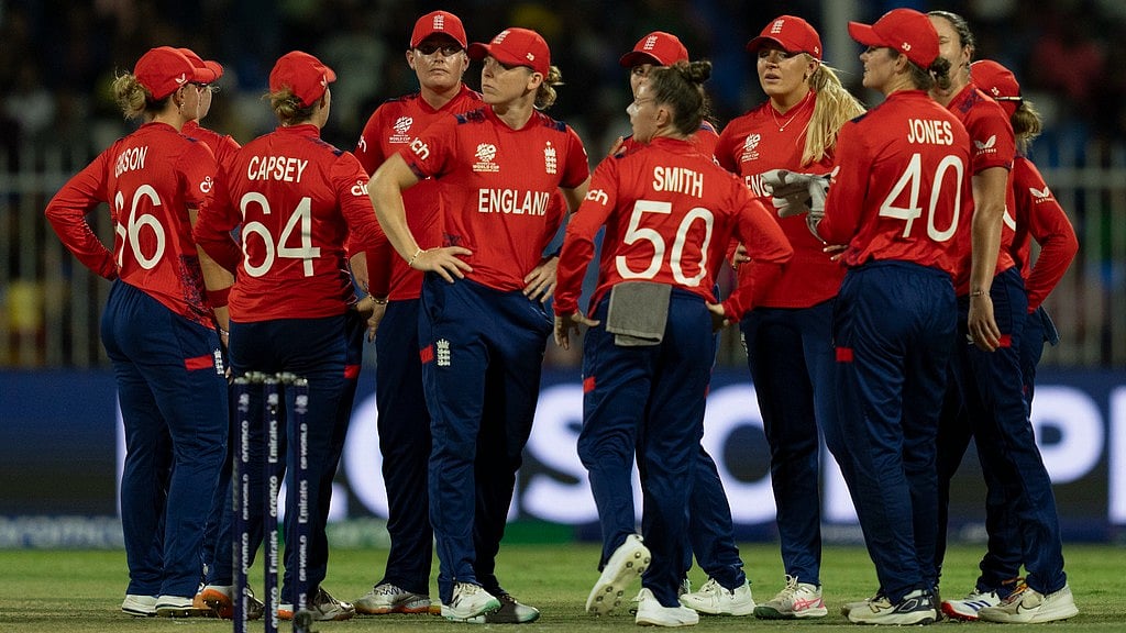 AP : England players watch a review for an LBW on the big screen during the ICC Women's T20 World Cup 2024 match against Bangladesh at Sharjah Stadium.
