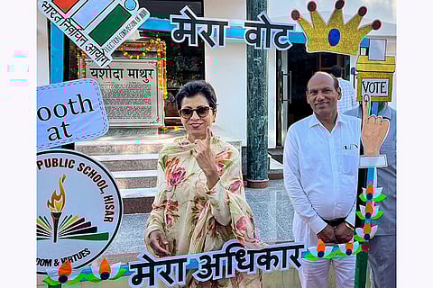 Haryana Assembly elections: Congress leader Kumari Selja shows her finger marked with indelible ink after casting vote