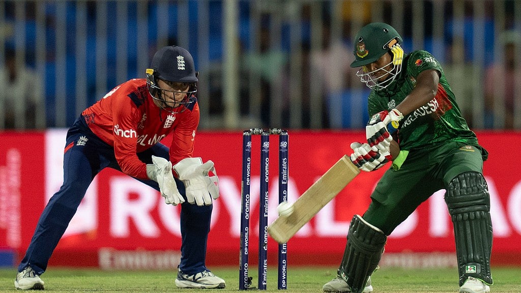 Photo: AP : Shathi Rani (right) bats during the Bangladesh vs England, Women's T20 World Cup Group B match in Sharjah.