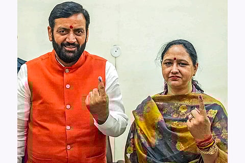 Haryana Assembly elections: Haryana CM and BJP's candidate from Ladwa assembly seat Nayab Singh Saini shows his inked finger after casting his vote