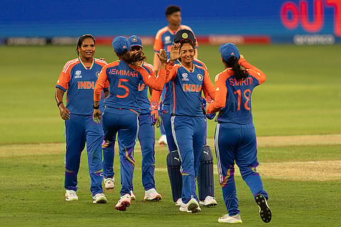 Women's World T20 Cricket, India vs New Zealand: Indian team members celebrate the wicket of New Zealand's Georgia Plimmer