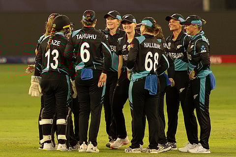 Women's World T20 Cricket, India vs New Zealand: New Zealand team members celebrate the wicket of India's Shafali Verma